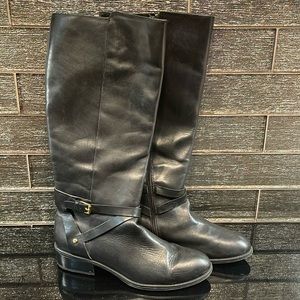 Ralph Lauren Boots Knee High Miriah Black Leather Boot Gold 9.5